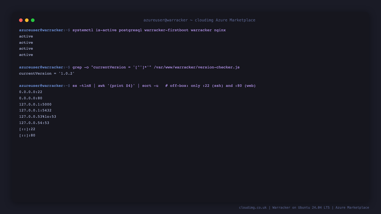 The postgresql, warracker-firstboot, warracker and nginx services all active, the deployed code declaring version 1.0.2, and the listening sockets showing the application and database bound to loopback only