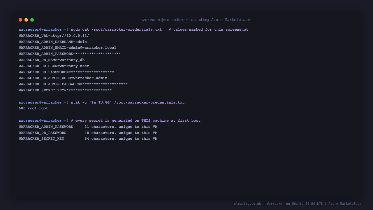 The per instance credentials file with its values masked, its 600 root:root mode, and the generated length of each secret