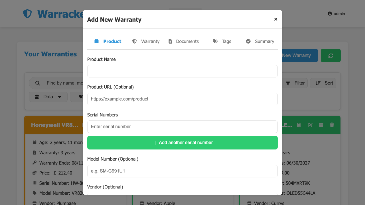 The Add New Warranty dialog, with fields for the product name, product URL, serial numbers, model number and vendor