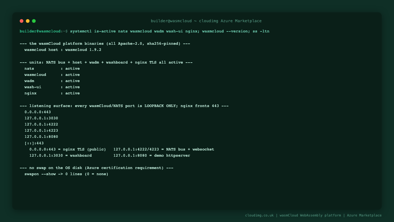 The nats, wasmcloud, wadm, wash-ui and nginx services active; wasmCloud host v1.9.2; NATS (4222/4223), the washboard (3030) and the demo httpserver (8080) all bound to 127.0.0.1 with nginx TLS on 443; no swap on the OS disk