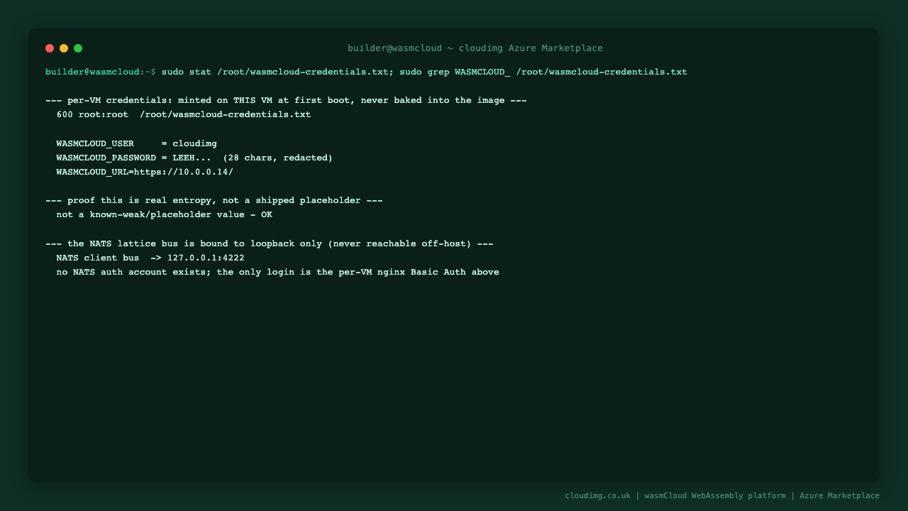 The per-VM credentials file at /root/wasmcloud-credentials.txt (0600 root:root) with the cloudimg Basic Auth user, a per-VM password and the washboard and demo URLs; NATS bound to 127.0.0.1 only