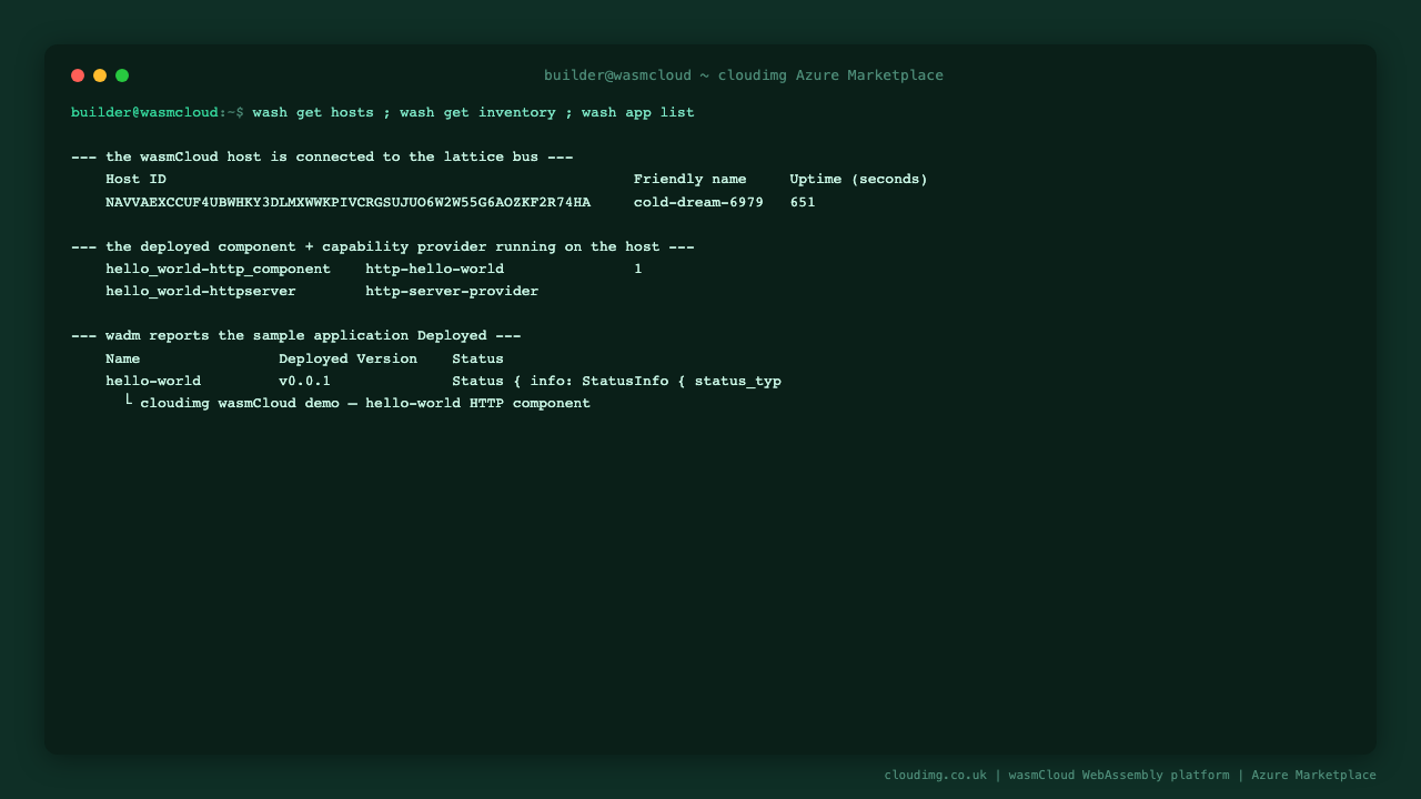 wash get inventory showing the running host cold-dream-6979 (v1.9.2), the hello_world-http_component component and the hello_world-httpserver provider; wash app list reporting the hello-world application Deployed