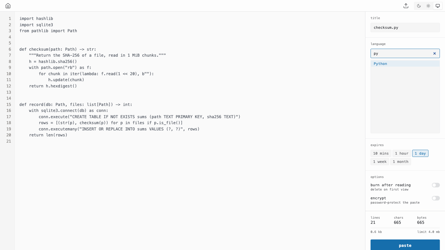 The wastebin paste form on cloudimg with a Python file pasted in, the title checksum.py, Python selected as the language, the expiry choices 10 mins, 1 hour, 1 day, 1 week and 1 month with 1 day selected, and the burn after reading and encrypt options