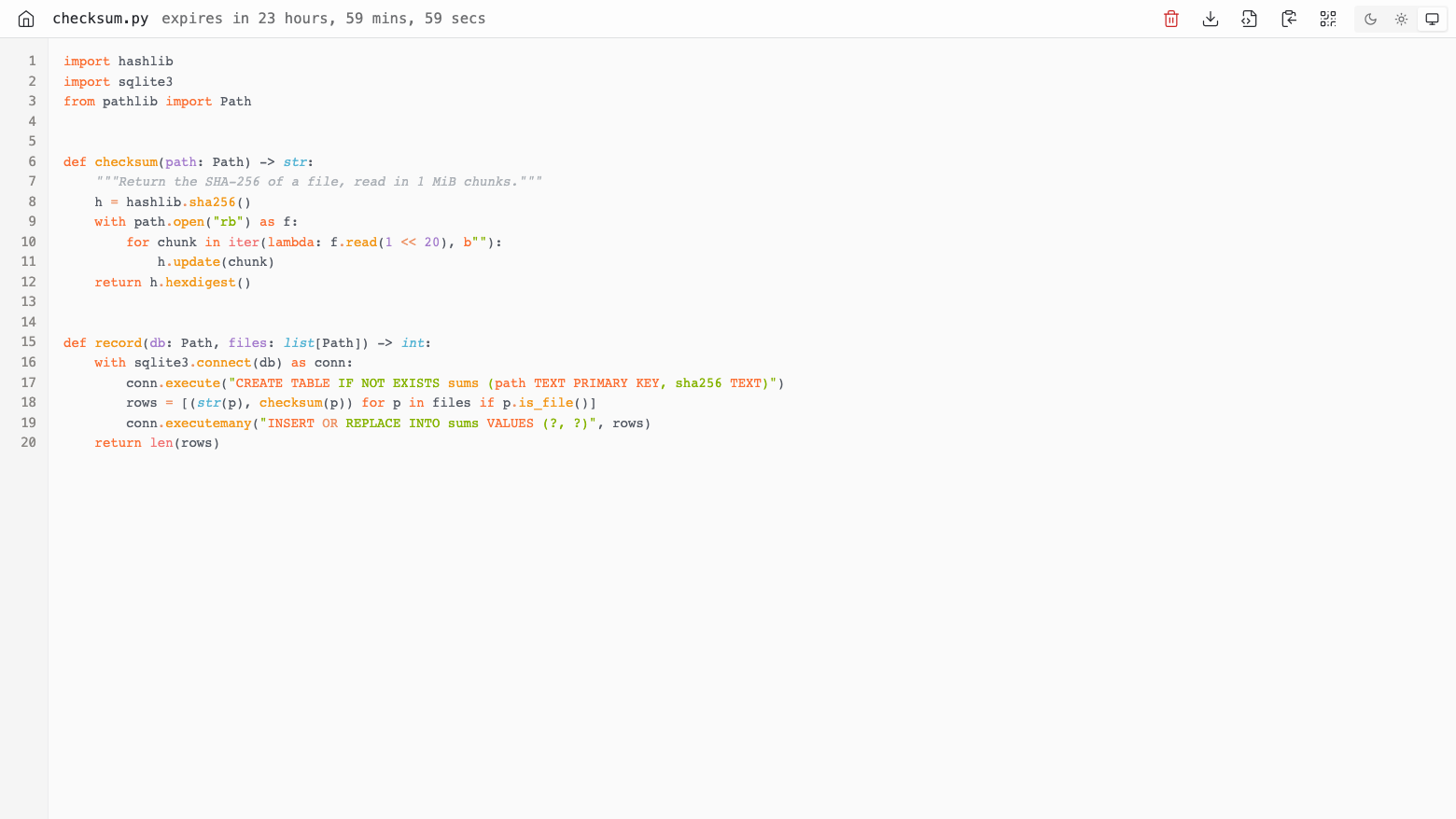 A wastebin paste of the Python file checksum.py with syntax highlighting, line numbers, the time until it expires and the delete, download, raw, copy and QR code buttons