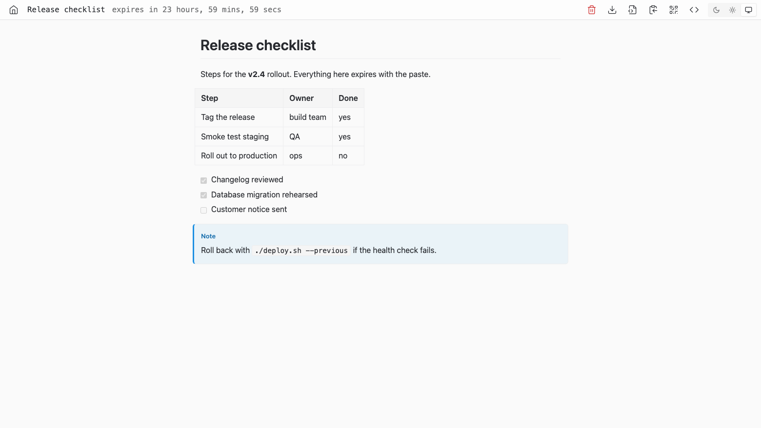 A Markdown paste called Release checklist rendered by wastebin with a heading, a table of steps and owners, a task list and a note