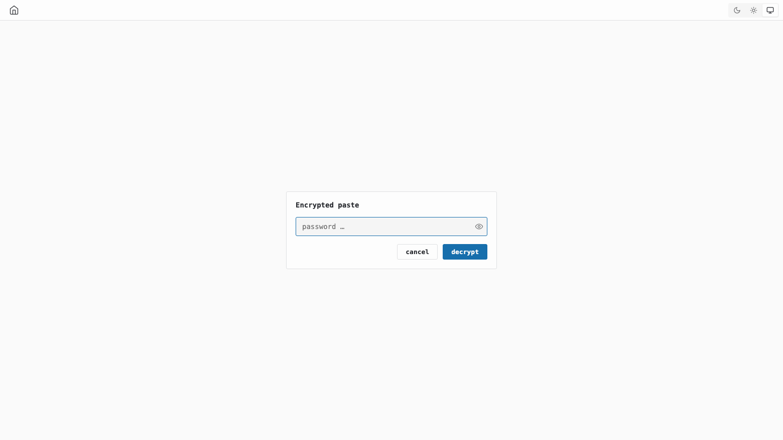 The wastebin encrypted paste prompt asking for the password, with cancel and decrypt buttons