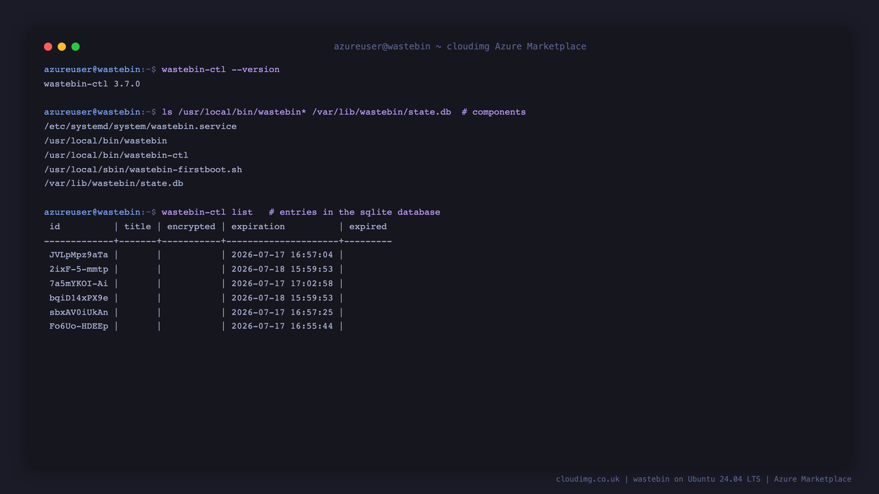 wastebin-ctl reporting version 3.7.0, the installed component paths, and a wastebin-ctl list of the entries in the sqlite database with their expiration times
