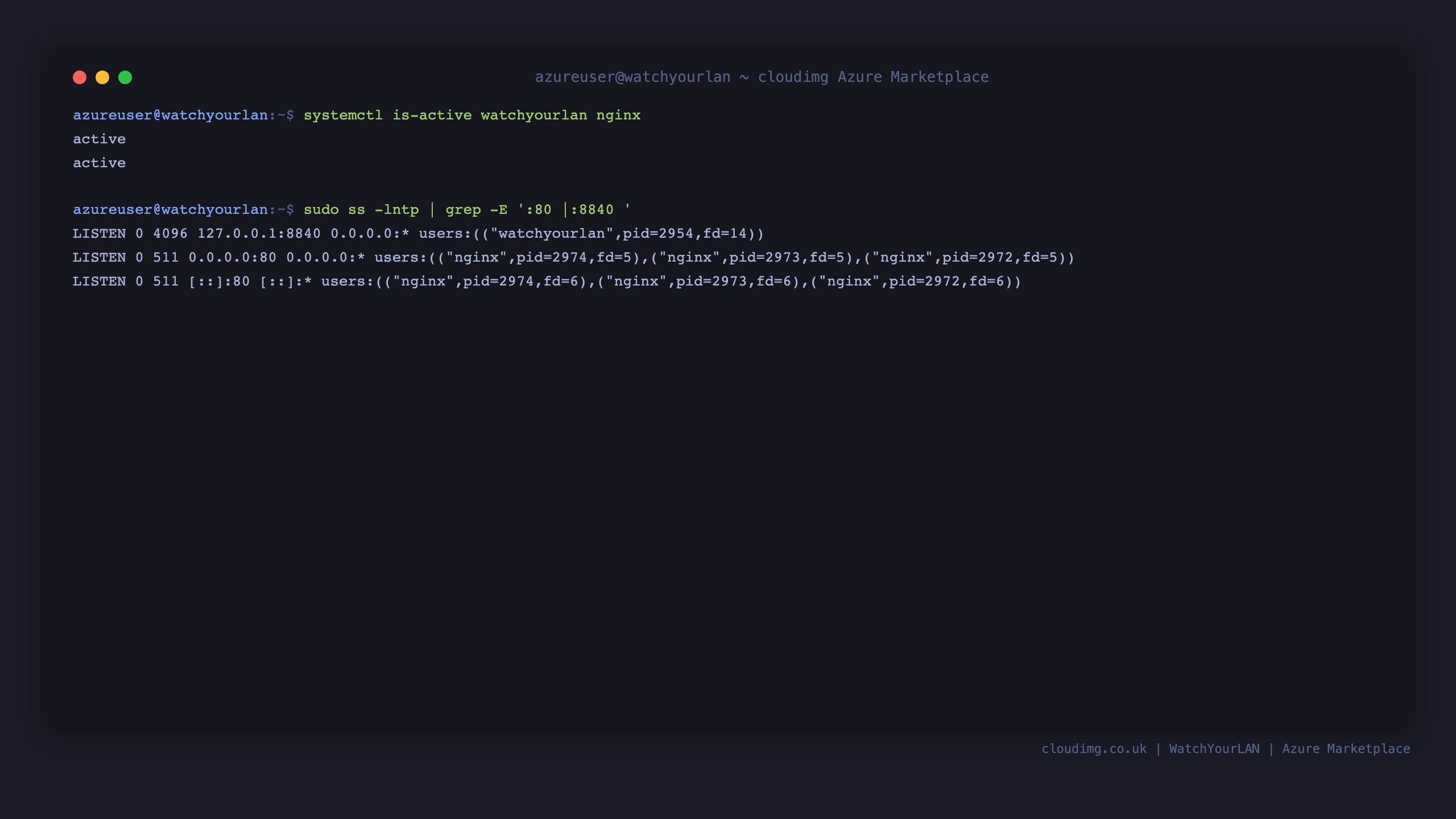 The watchyourlan and nginx services active, WatchYourLAN listening on loopback 127.0.0.1:8840, nginx on port 80, and the SQLite datastore at /var/lib/watchyourlan/scan.db