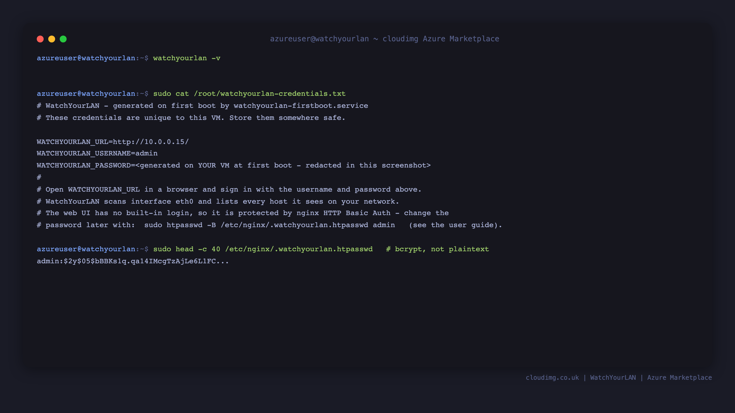 The WatchYourLAN version, the per-VM credentials file with the generated admin password and URL, and the bcrypt htpasswd entry that proves no plaintext password ships in the image
