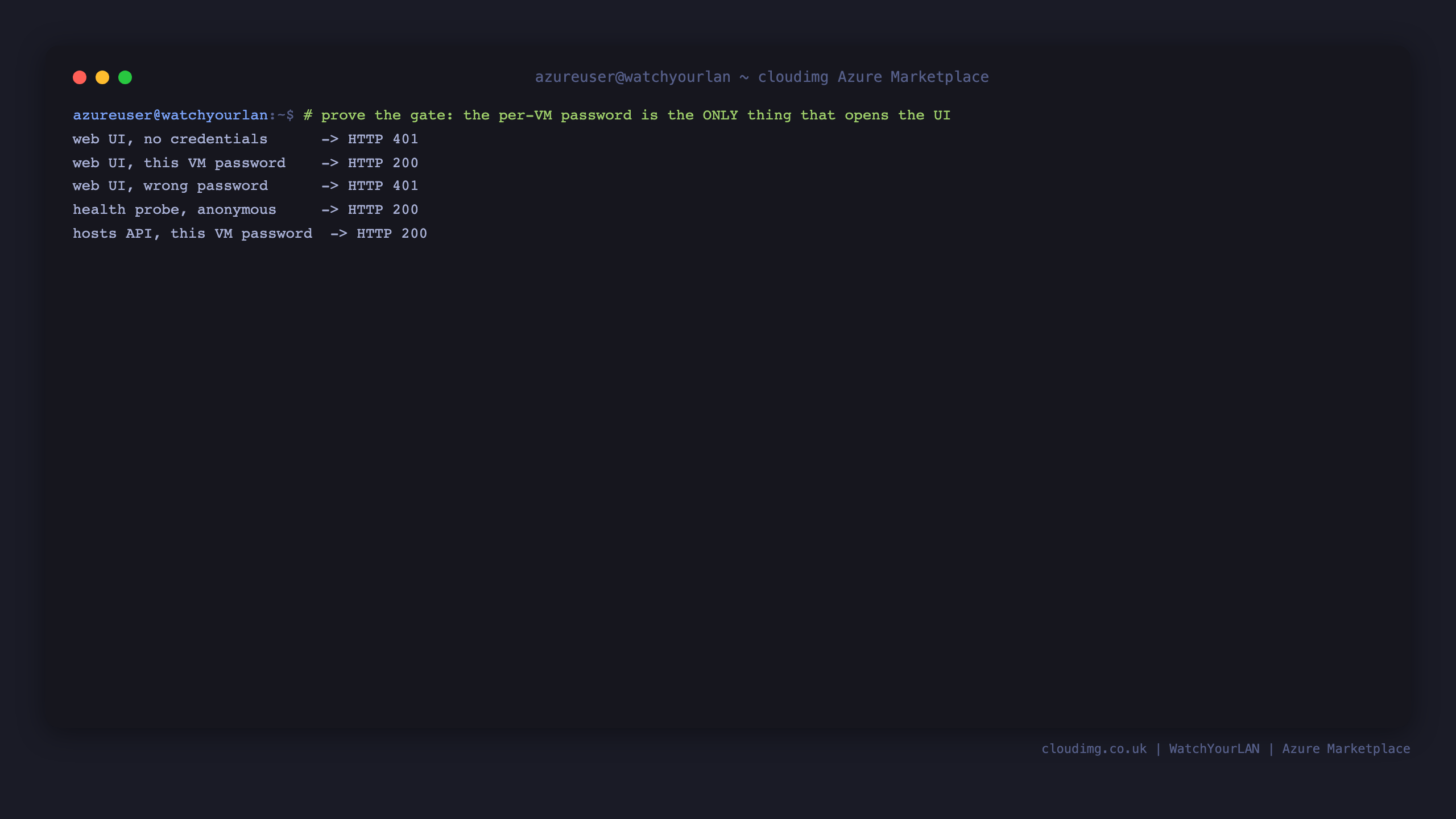 The HTTP Basic Auth round-trip returning 401 unauthenticated and 200 with the per-VM password, and the authenticated REST API at /api/all and /api/version responding through nginx