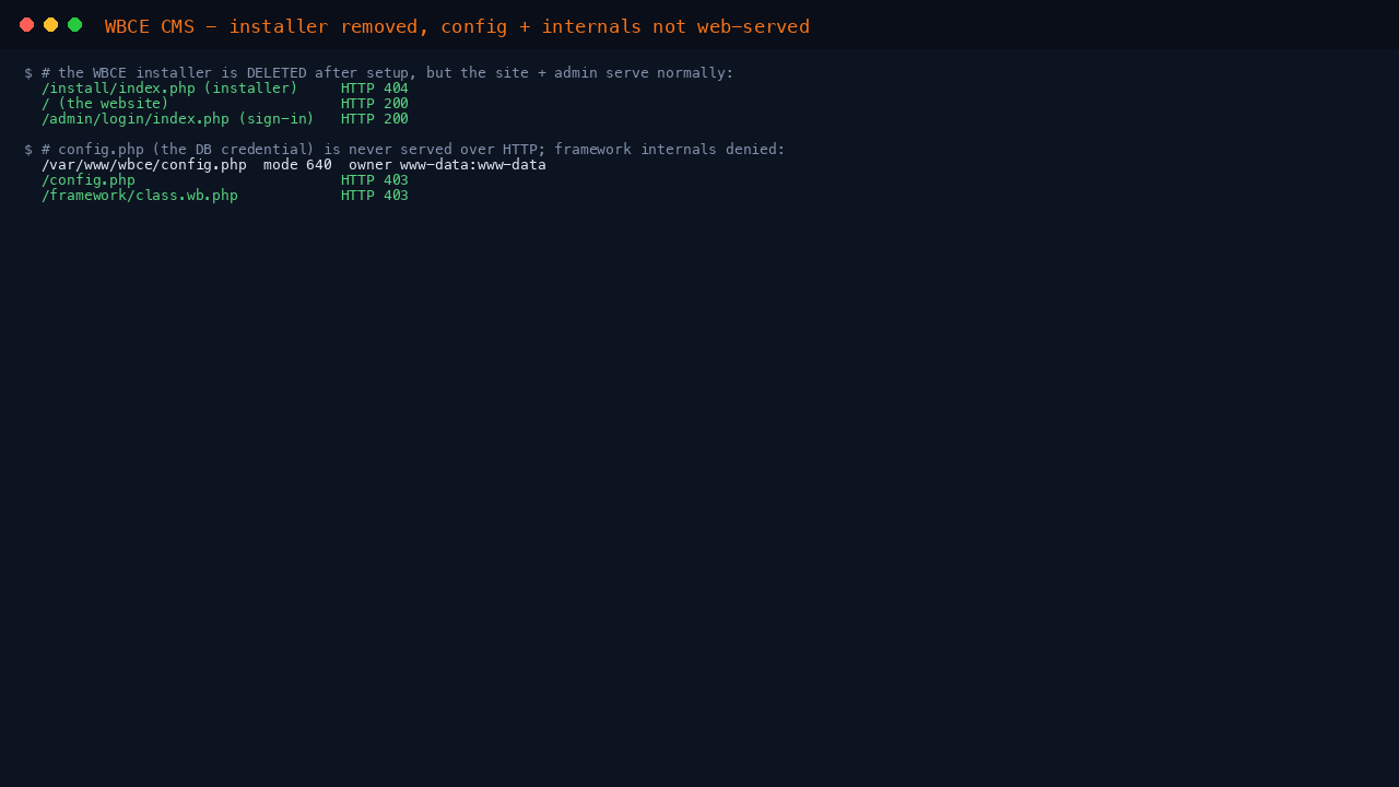 WBCE CMS installer removed and internals not web-served