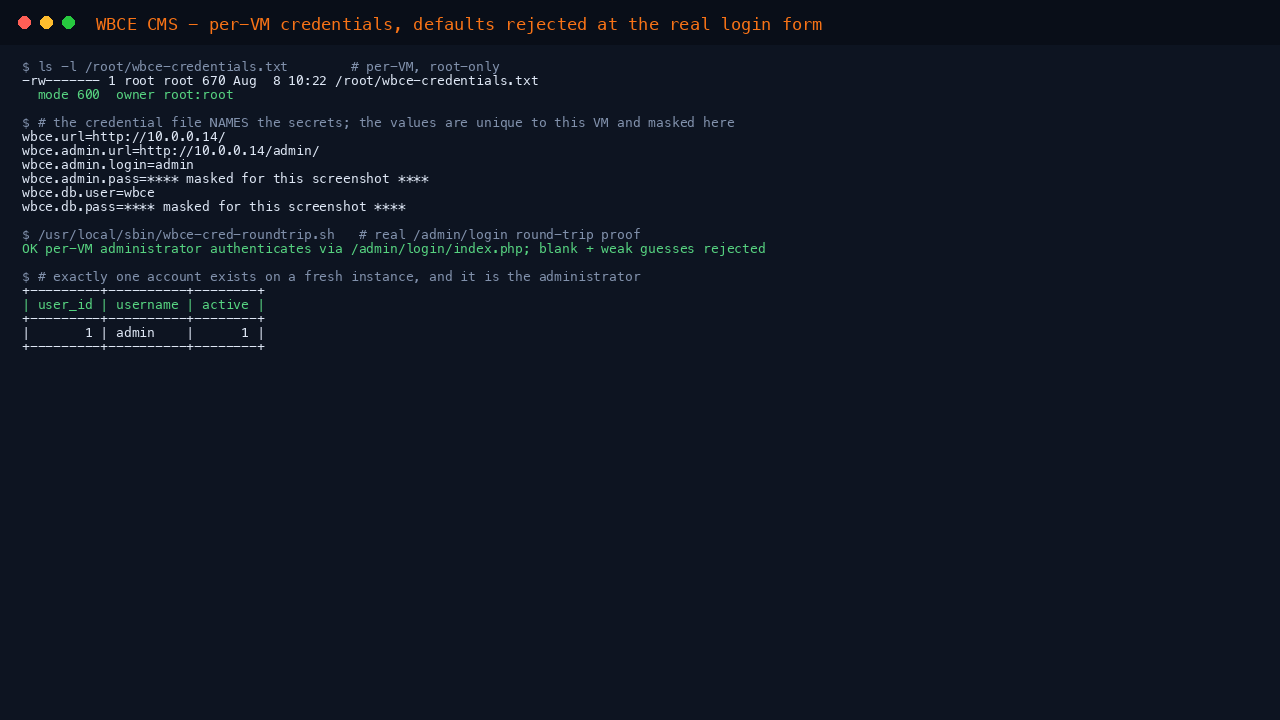 WBCE CMS per-VM credentials and rejected default logins
