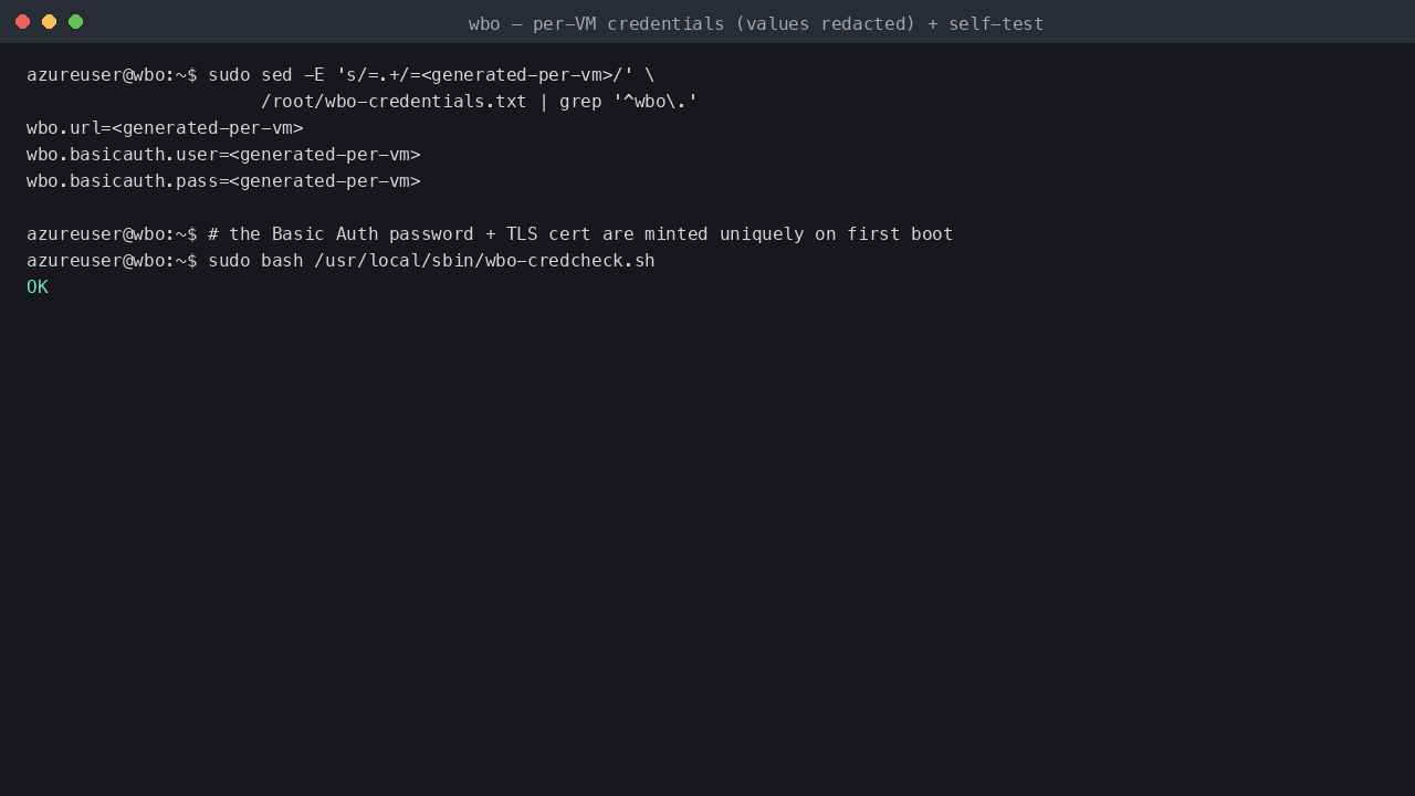 The per-VM credentials file with values redacted, and the credential self-test reporting OK