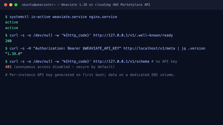 Weaviate running on the cloudimg AMI - services active, readiness 200, API-key auth enforced