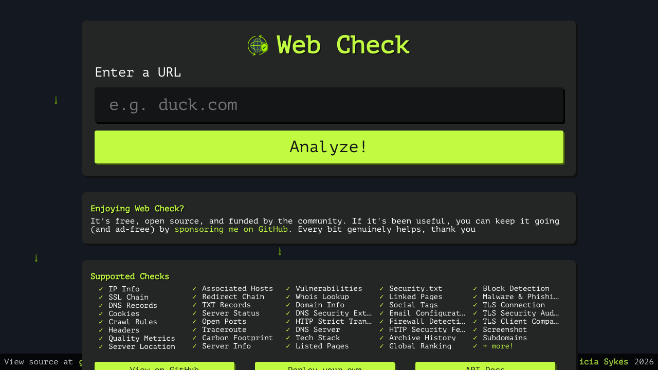 The Web Check analyse screen with the URL box, the Analyze button and the list of supported checks