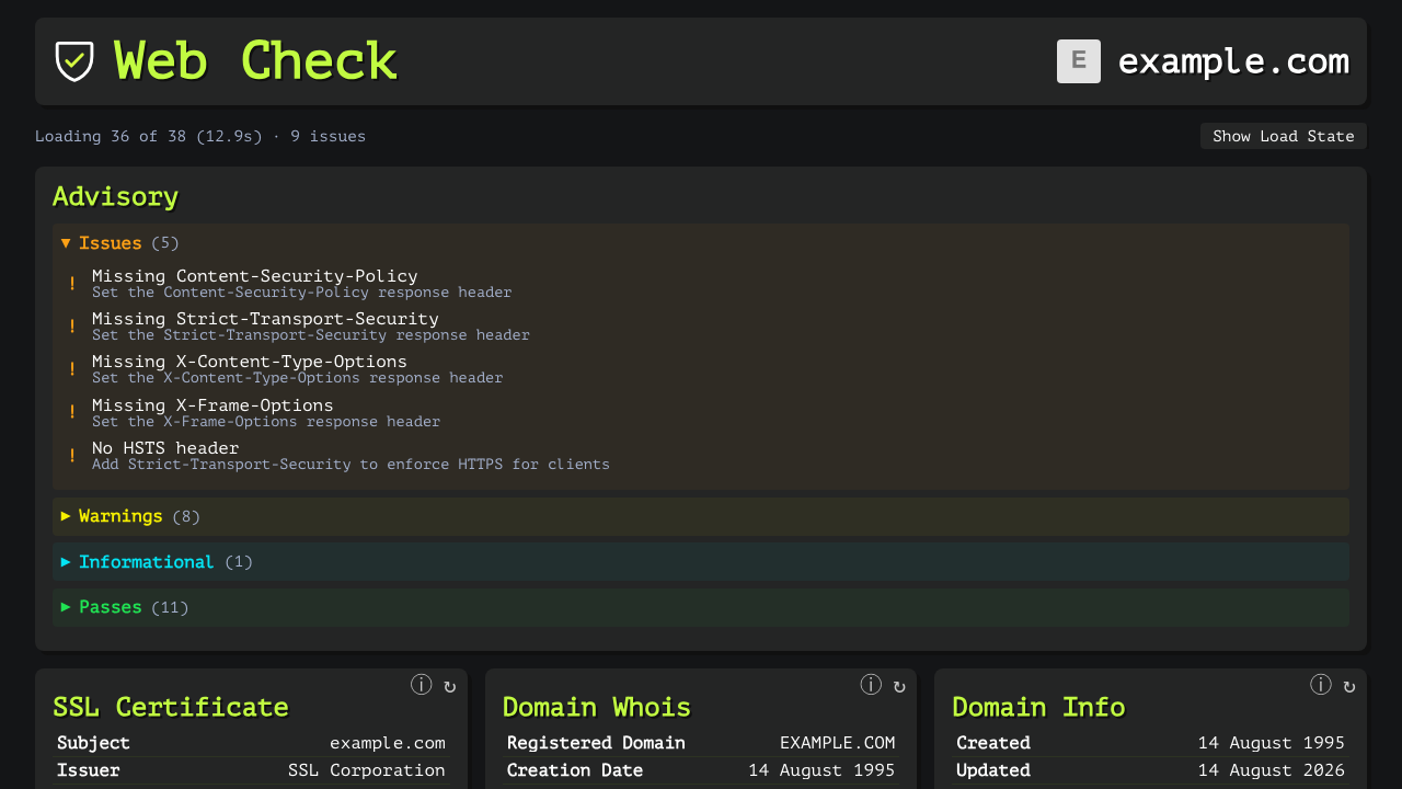 The Web Check advisory panel listing missing security headers, with the SSL certificate, domain WHOIS and domain info cards below