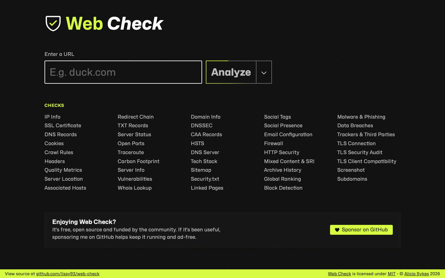 The Web Check analyse screen with the URL box, the Analyze button, the category selector and the list of checks