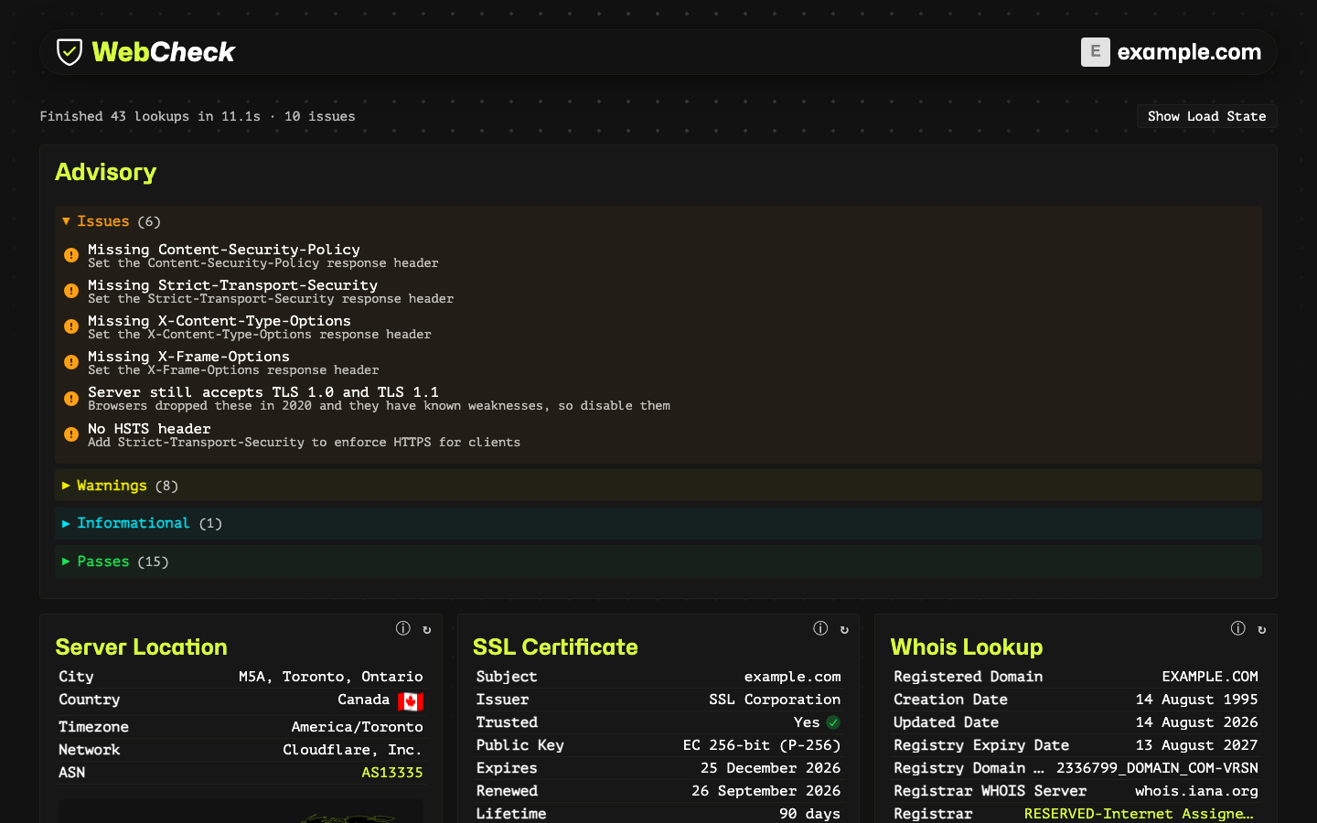 The Web Check advisory panel listing missing security headers and old TLS versions, with the server location, SSL certificate and WHOIS cards below