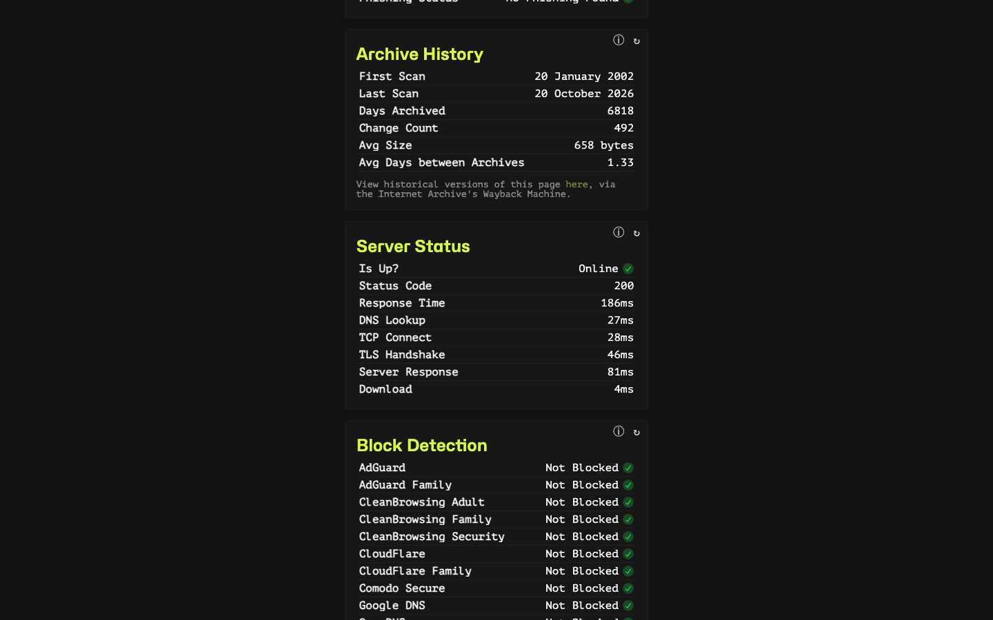 The archive history, server status and block detection cards
