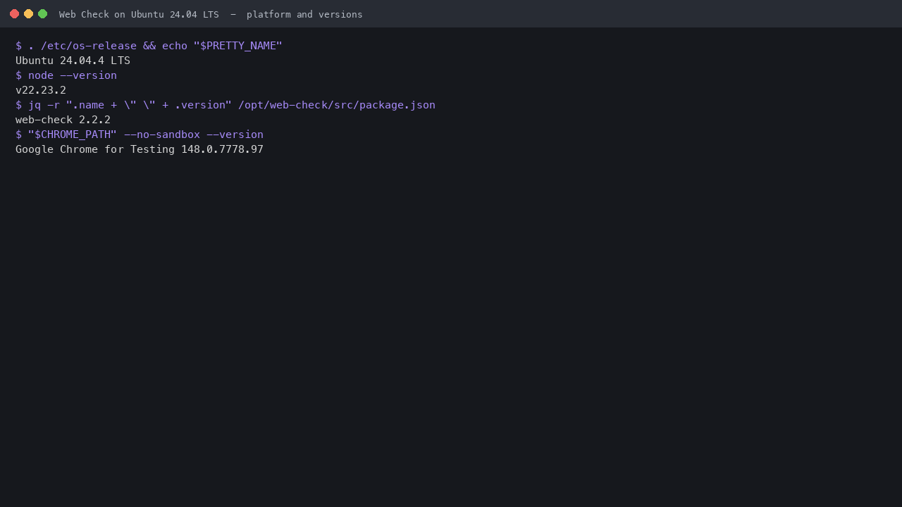 The Ubuntu 24.04 release, Node.js 22 runtime, Web Check 2.2.2 and the bundled headless Chrome version