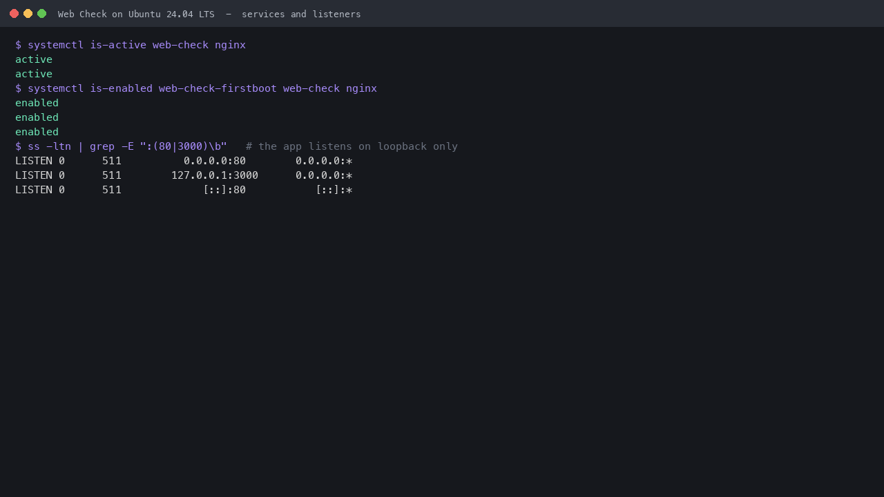Both services active and enabled, with Web Check bound to 127.0.0.1:3000 and nginx on port 80