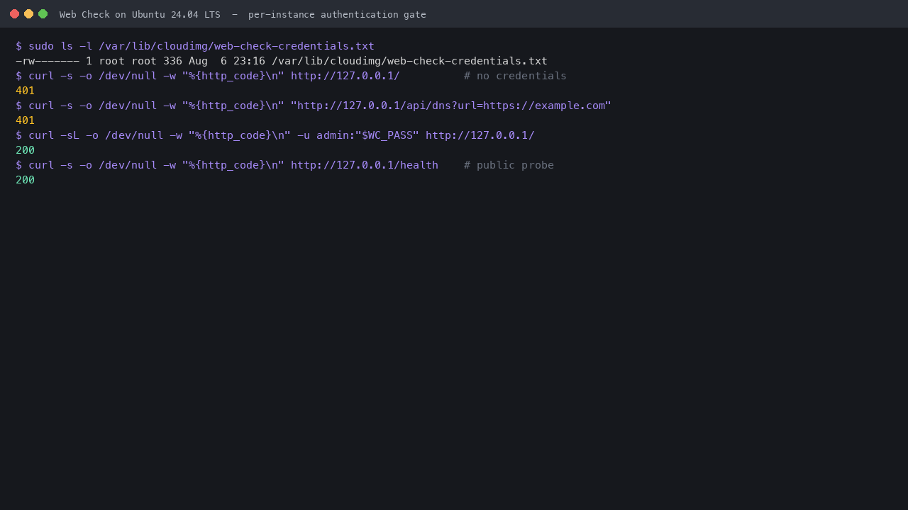 The health endpoint returns 200 while the dashboard and API return 401 without credentials and 200 with the per-VM login