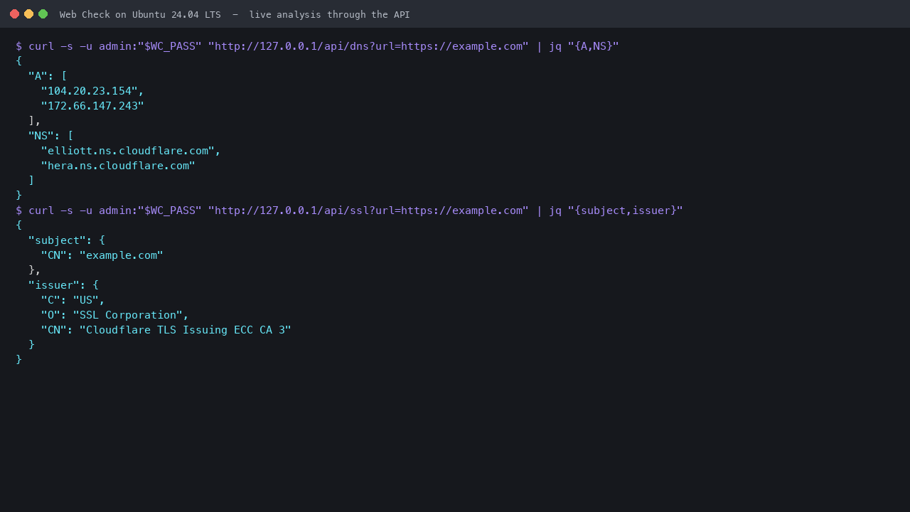 The Web Check API returning resolved DNS records and certificate subject and issuer as JSON