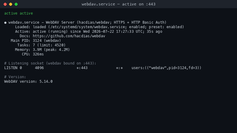 Terminal showing the webdav service active, listening on port 443 for HTTPS, and the installed webdav version
