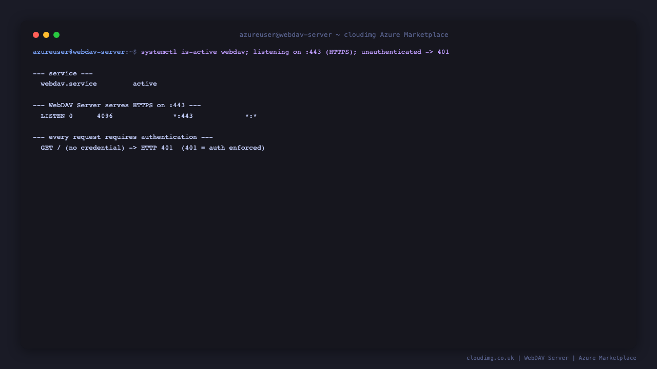 Terminal showing the webdav service active, listening on port 443 for HTTPS, and an unauthenticated request being rejected with HTTP 401