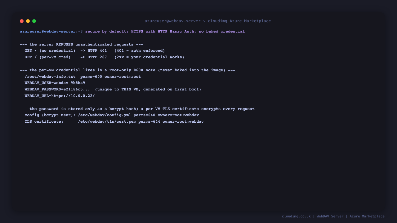 Terminal showing the root only credential note with mode 0600, an unauthenticated request rejected with HTTP 401 and the per VM username and password accepted, plus the bcrypt config and TLS certificate