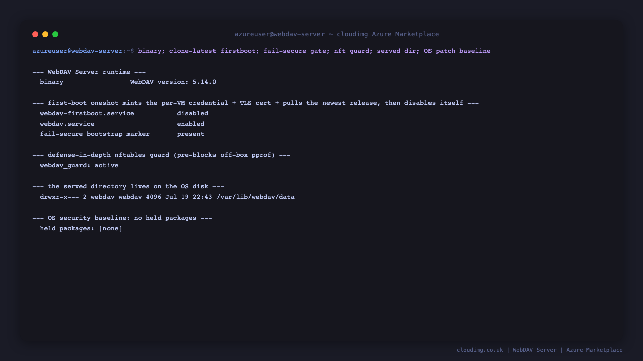 Terminal showing the webdav binary version, the first boot and server services enabled, the served directory on the OS disk and a clean OS security baseline with no held packages