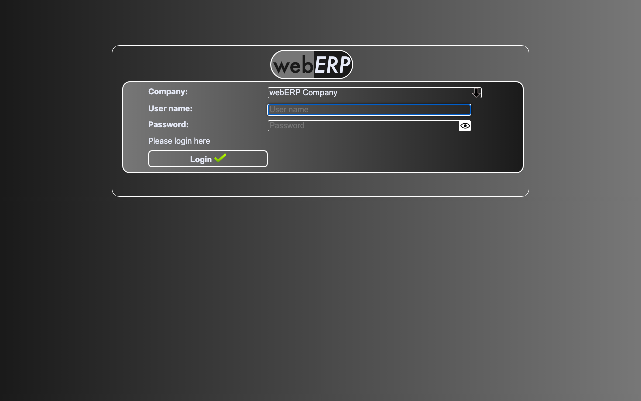 The webERP login page with the Company, User name and Password fields and the Login button