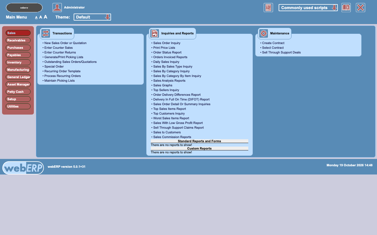 The webERP main menu with the module tabs on the left, the Sales transactions, inquiries and reports and maintenance options, and webERP version 5.0.1 in the footer