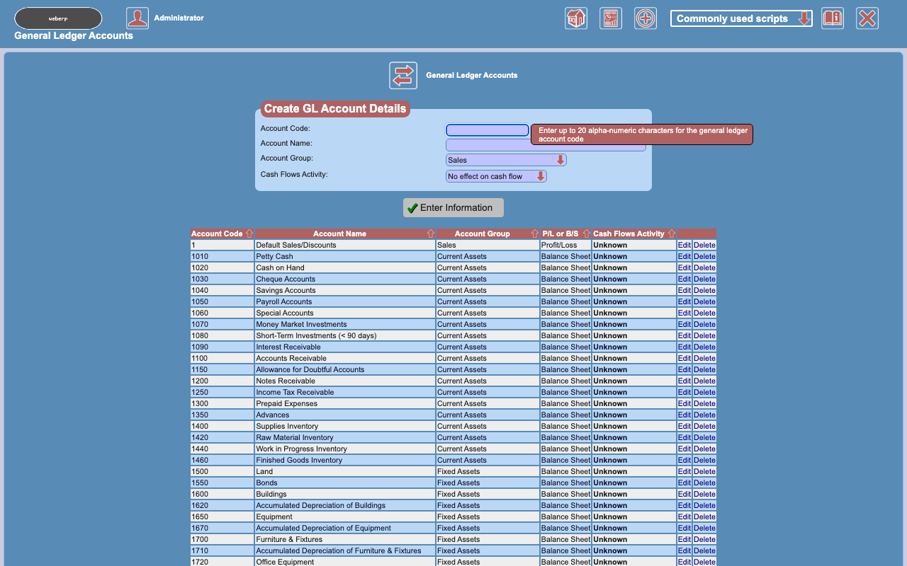 The General Ledger Accounts page with the Create GL Account Details form and the chart of accounts from 1 Default Sales/Discounts and 1010 Petty Cash downwards