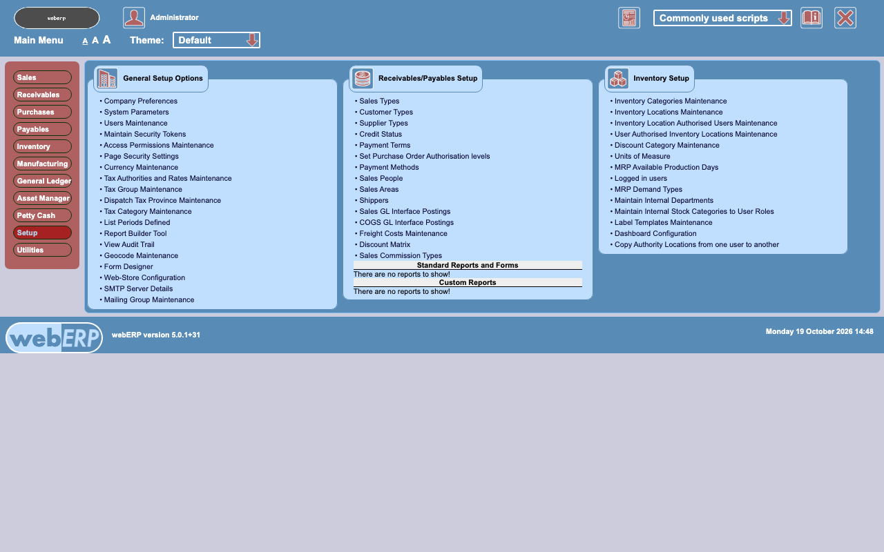 The webERP Setup menu with General Setup Options, Receivables/Payables Setup and Inventory Setup