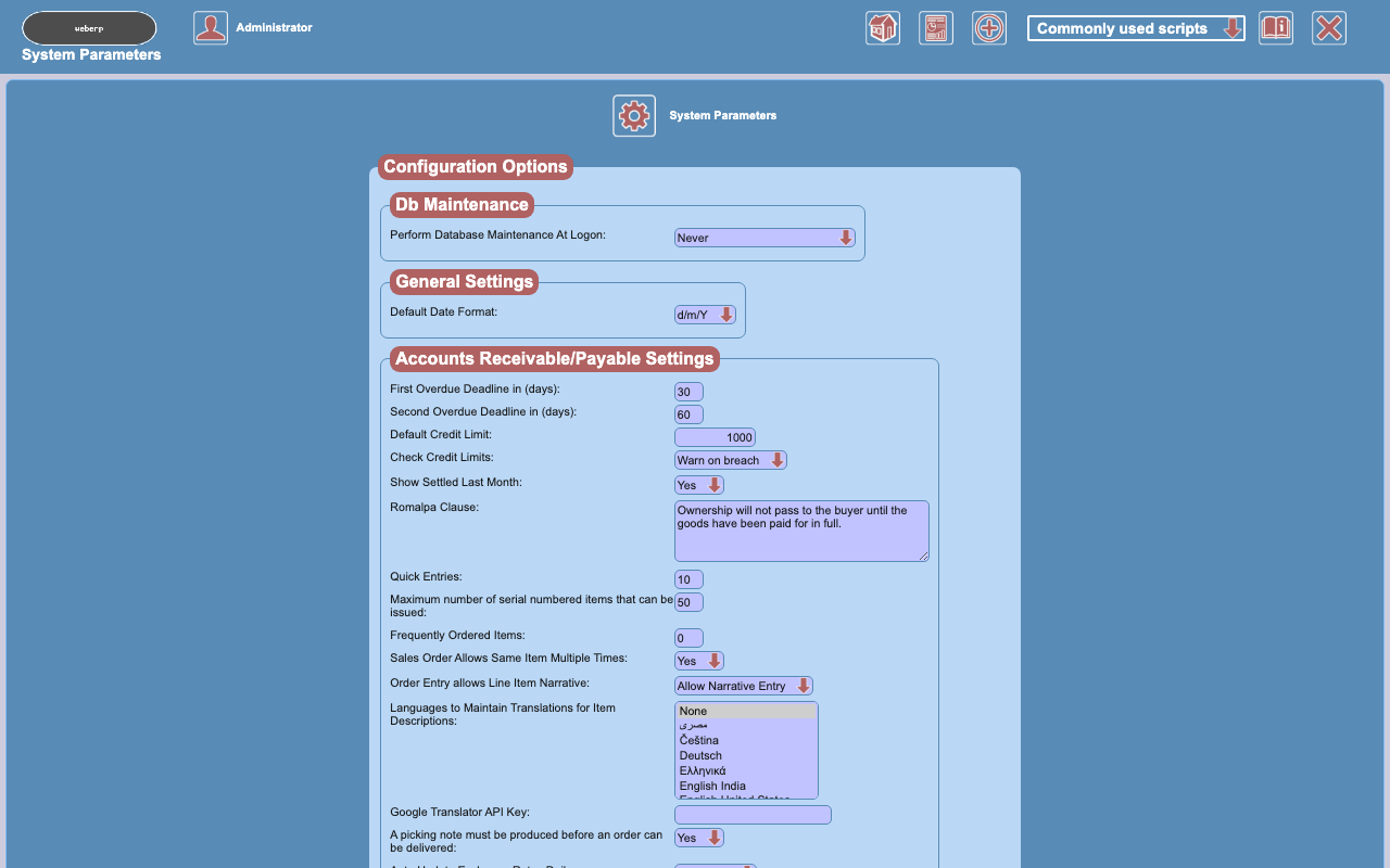 The System Parameters page with database maintenance, date format and accounts receivable and payable settings