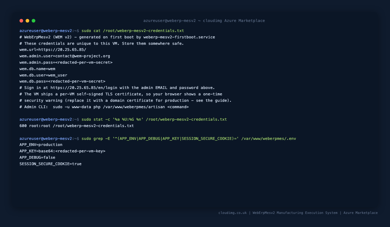 Per-VM credentials file (secrets redacted)