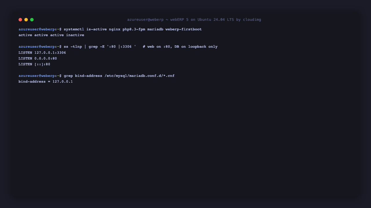 The nginx, php8.3-fpm, mariadb and weberp-firstboot services active, with nginx on port 80 and MariaDB bound to loopback 127.0.0.1:3306