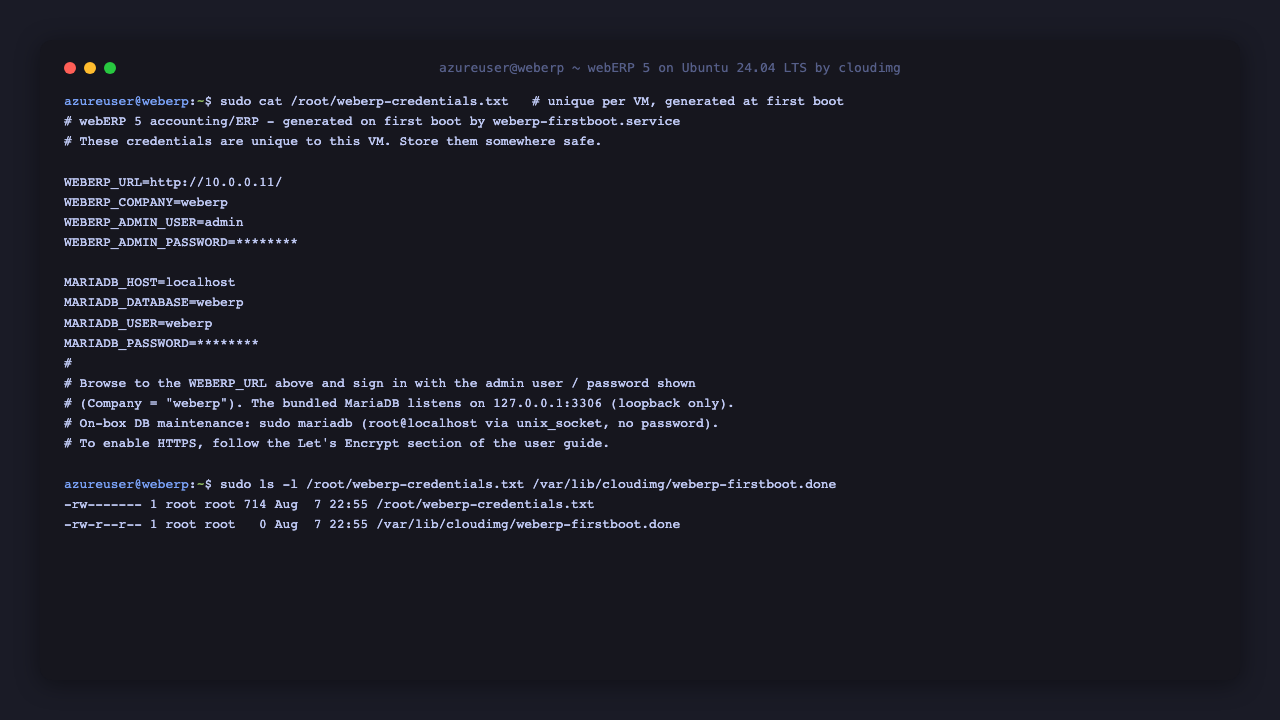 The per VM webERP credentials file, showing the admin login user, the company name, the generated password masked, the application URL and the loopback MariaDB details