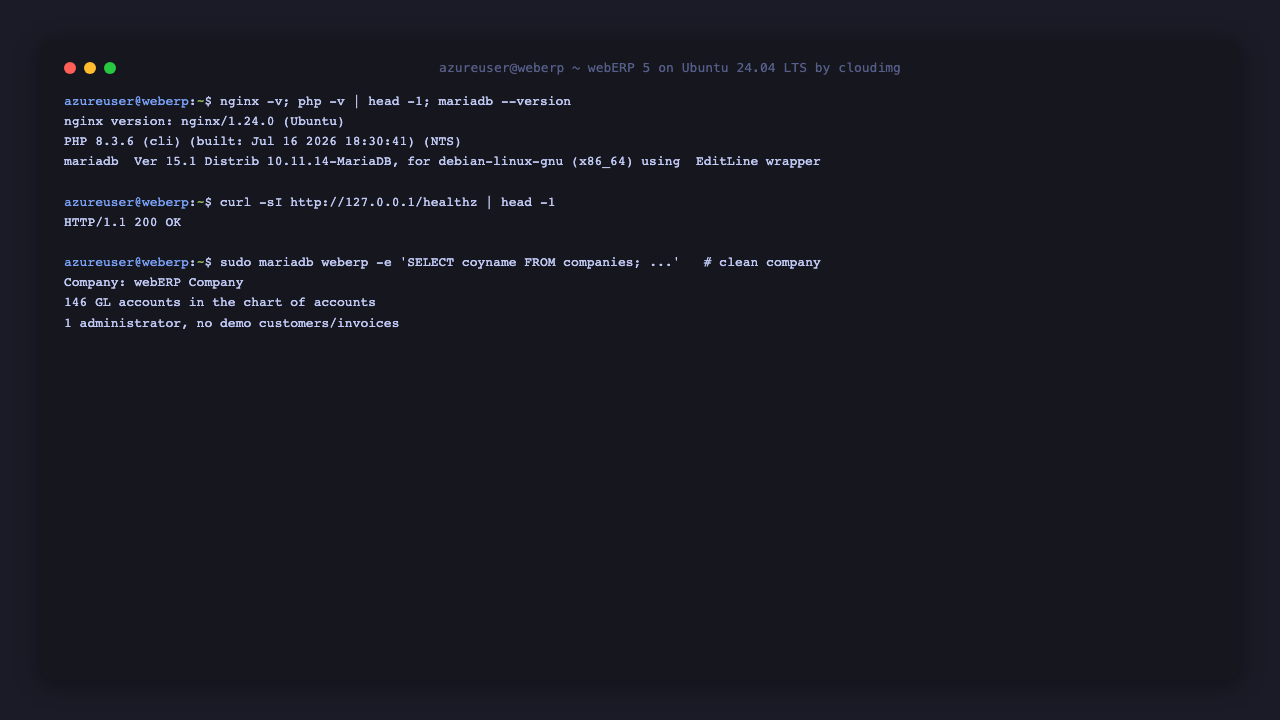 A terminal showing the healthz endpoint returning 200, the chart of accounts account count, and the single administrator user confirming the company ships clean