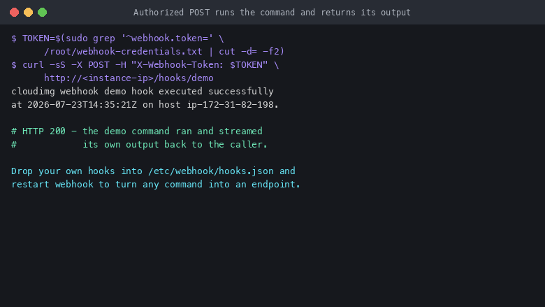 An authenticated request with the correct X-Webhook-Token triggering the demo hook, returning HTTP 200 and the demo command output