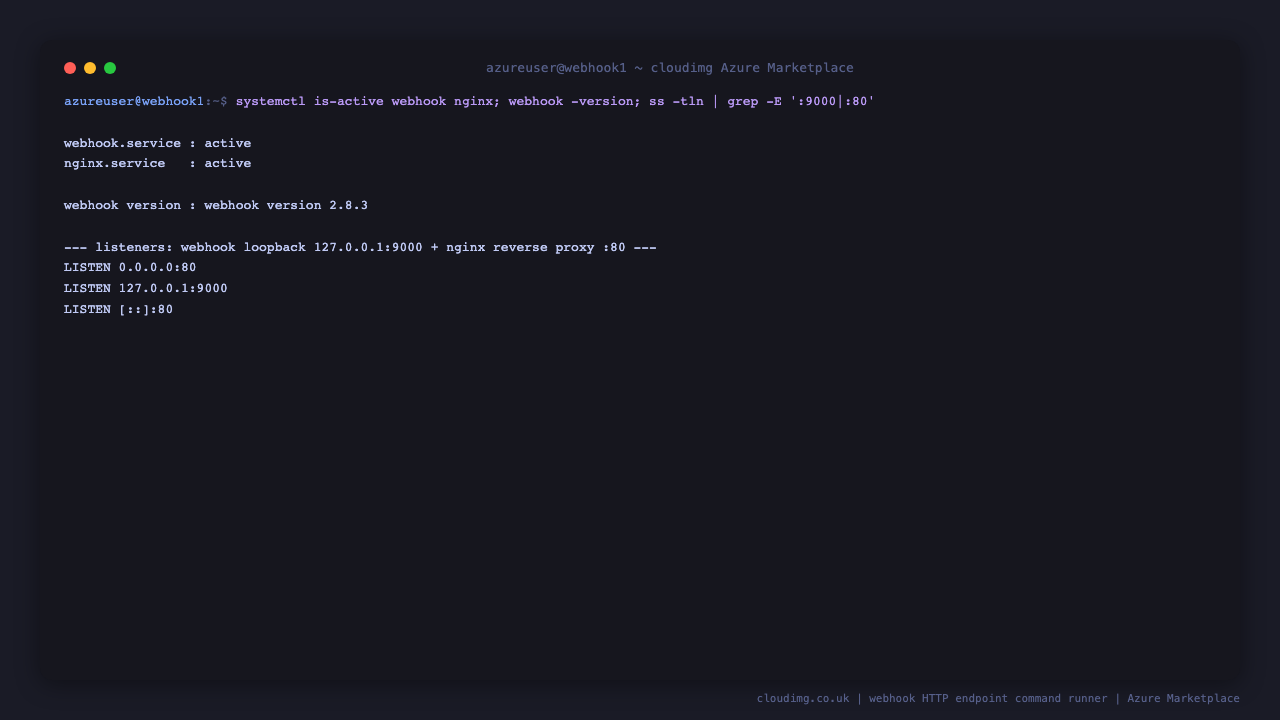 The webhook and nginx services report active under systemd showing webhook version 2.8.3, with webhook bound to loopback on port 9000 and nginx serving the reverse proxy on port 80