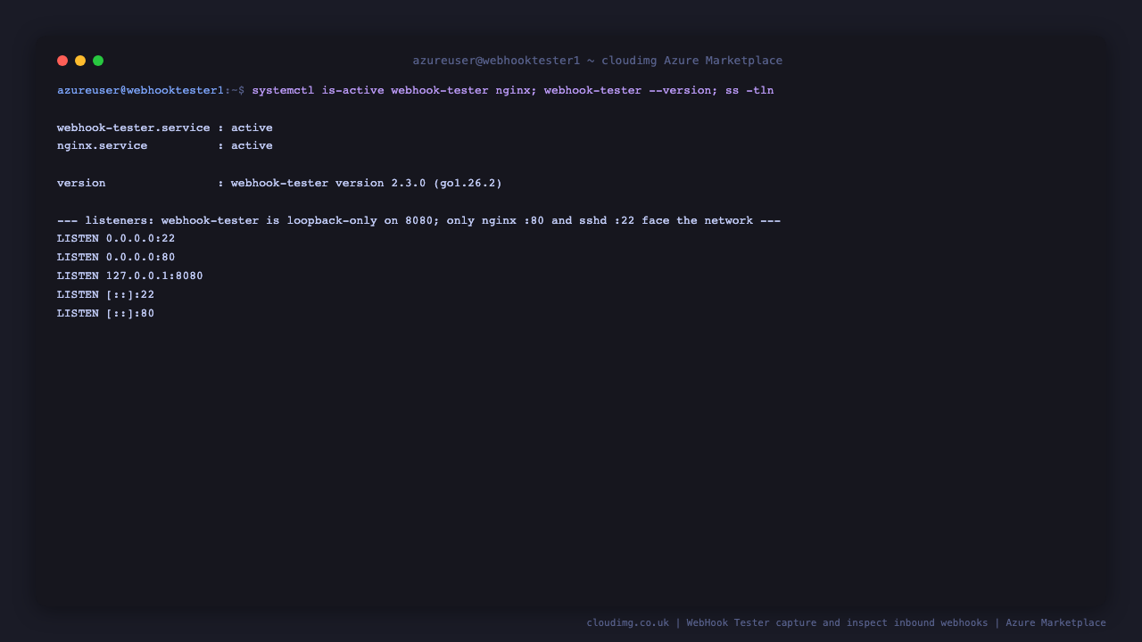 The webhook-tester and nginx services report active under systemd showing WebHook Tester version 2.3.0, with webhook-tester bound to loopback on port 8080 and nginx serving the reverse proxy on port 80 alongside sshd on port 22