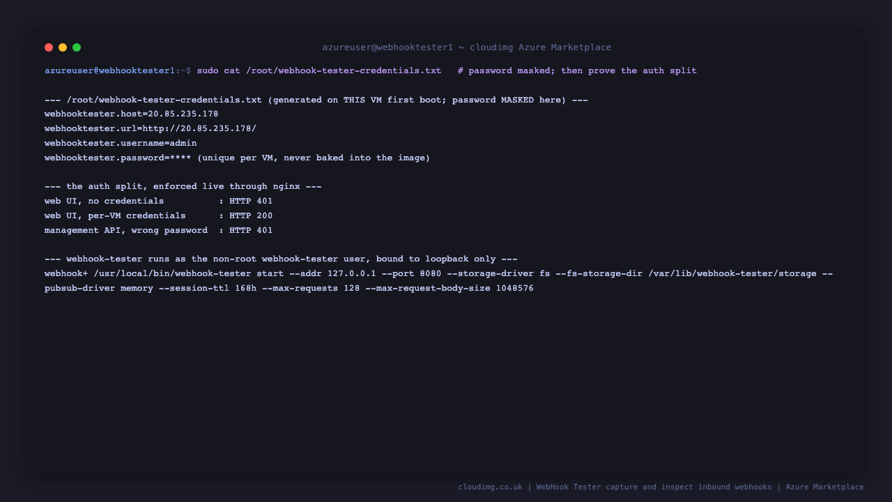 The per VM credentials file with the password masked, showing the host, URL and username, alongside the auth split enforced live through nginx where the web UI without credentials returns HTTP 401, the web UI with the per VM credentials returns HTTP 200 and the management API with a wrong password returns HTTP 401, and webhook-tester running as the non root webhook-tester user bound to loopback