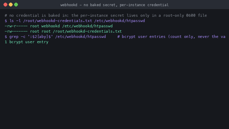 The per instance credential stored only in a root owned 0600 file with a single bcrypt user entry, generated on first boot and never baked into the image, value redacted
