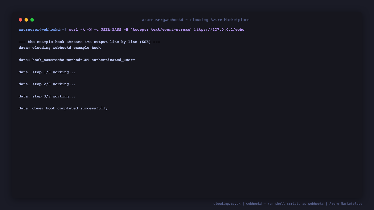 The example hook called with an SSE Accept header streams its output line by line as data events in real time, demonstrating webhookd's streaming response mode with nginx response buffering disabled