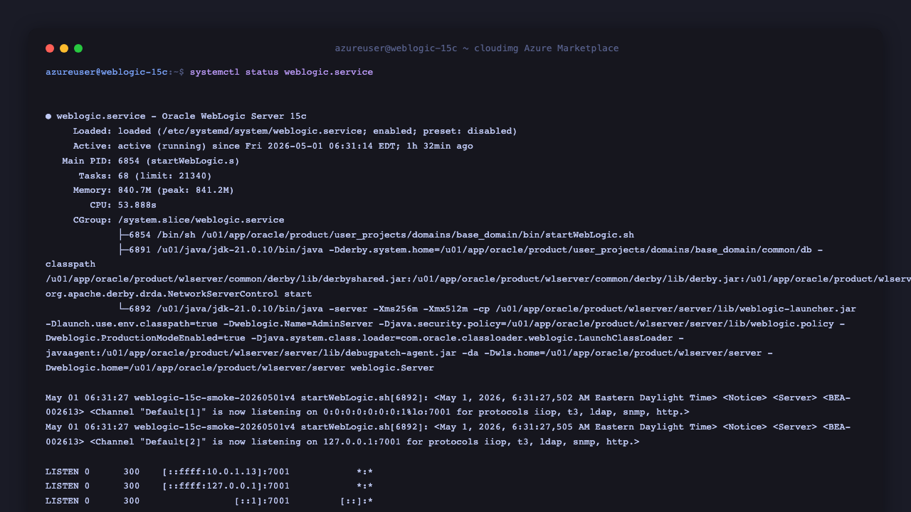 weblogic.service active under systemd, AdminServer listening on TCP 7001