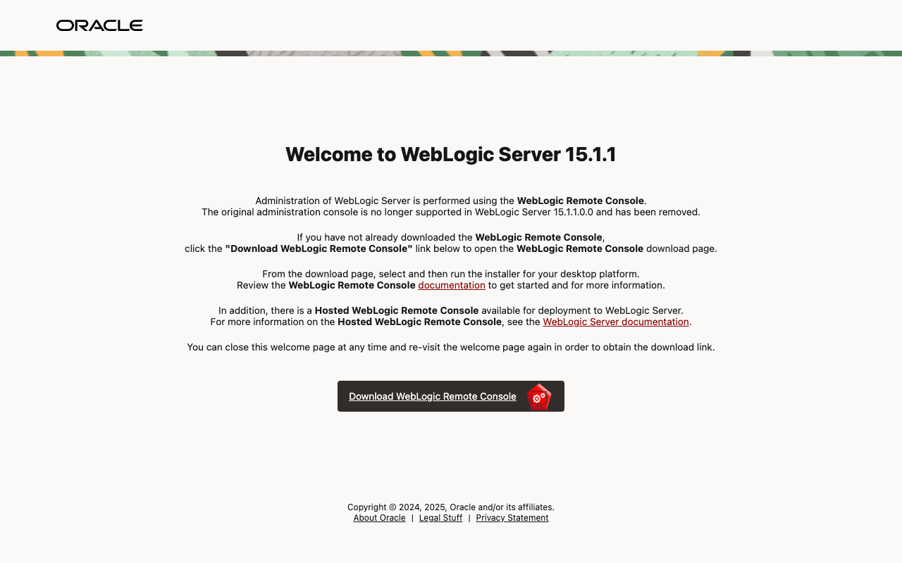 WebLogic Server 15.1.1 welcome page served at /console/welcome/