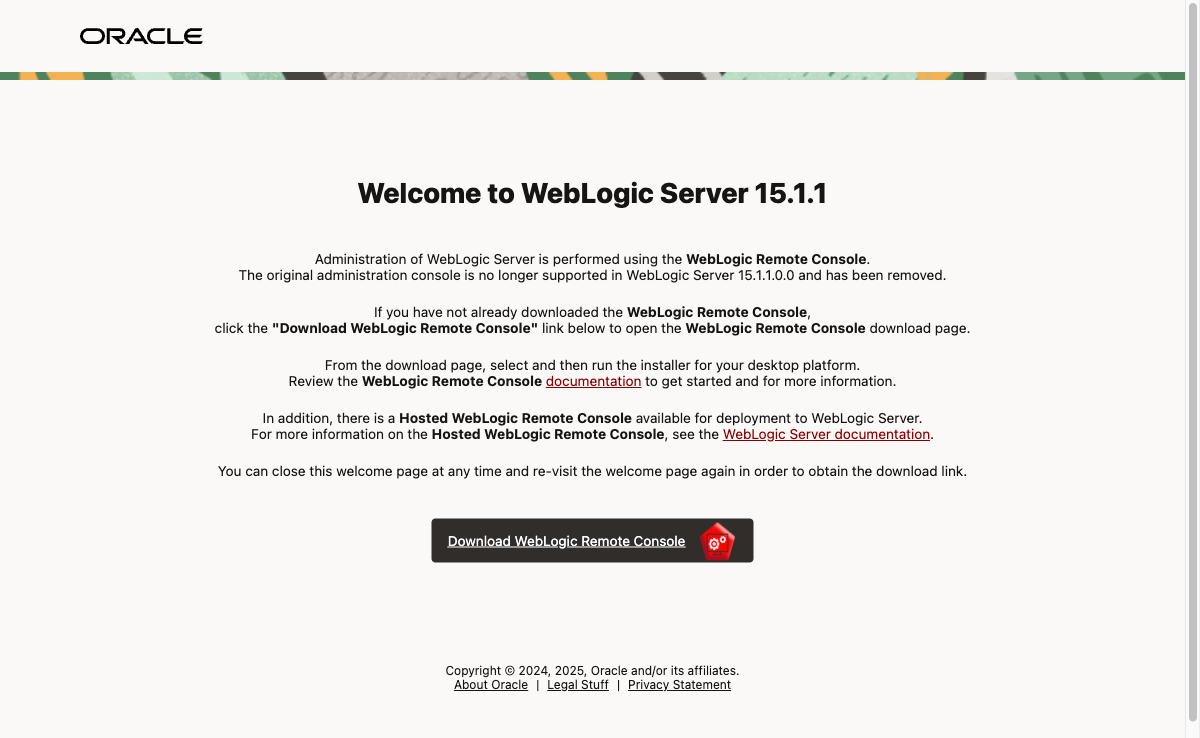 WebLogic 15c Welcome Page on Windows