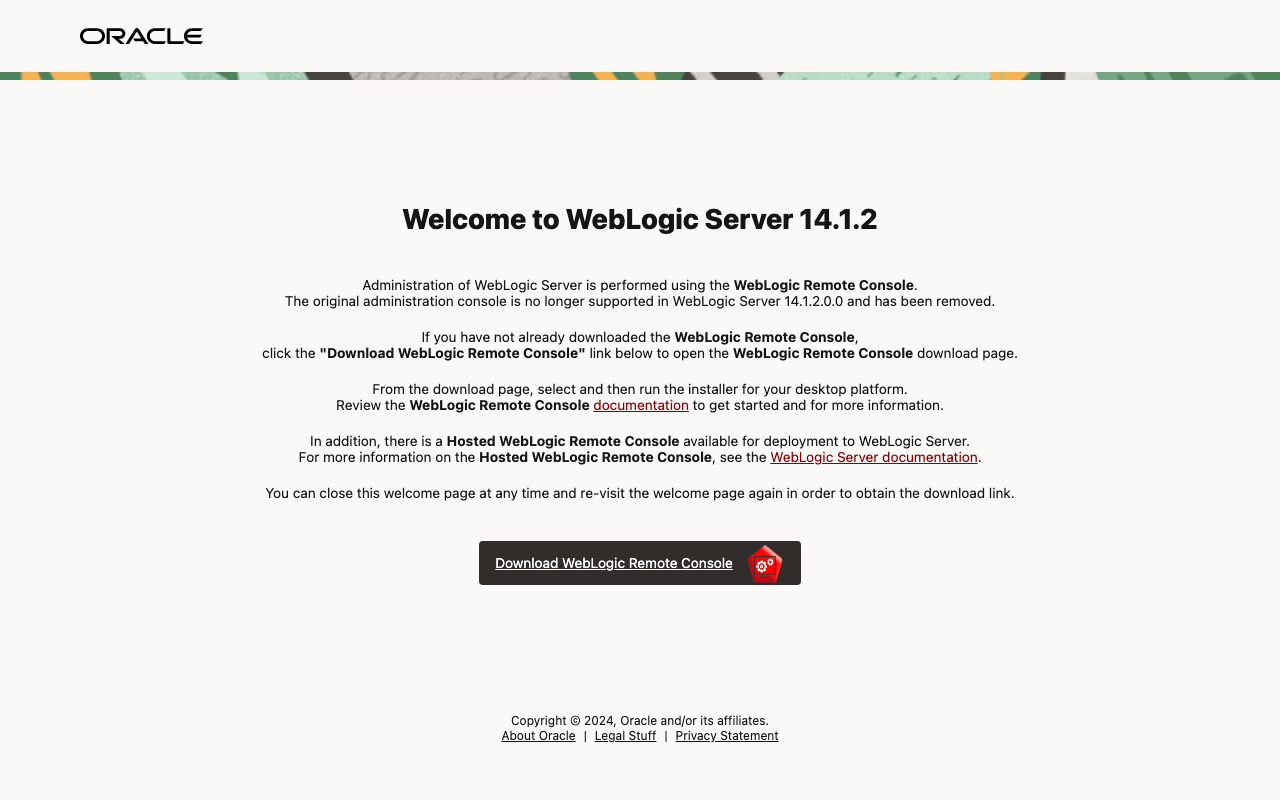 The WebLogic Server 14.1.2 welcome page served over HTTPS, explaining that administration uses the WebLogic Remote Console, with a Download WebLogic Remote Console button